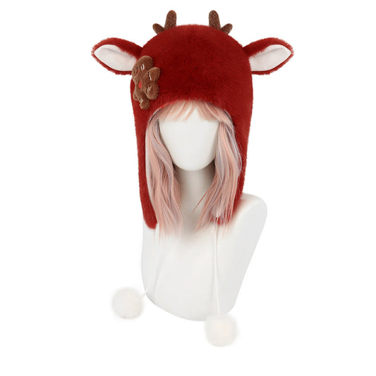 Cute Elk Deer Christmas Hat Headwear Animals Winter Warm Cozy Fluffy Plush Faux Fur Hat
