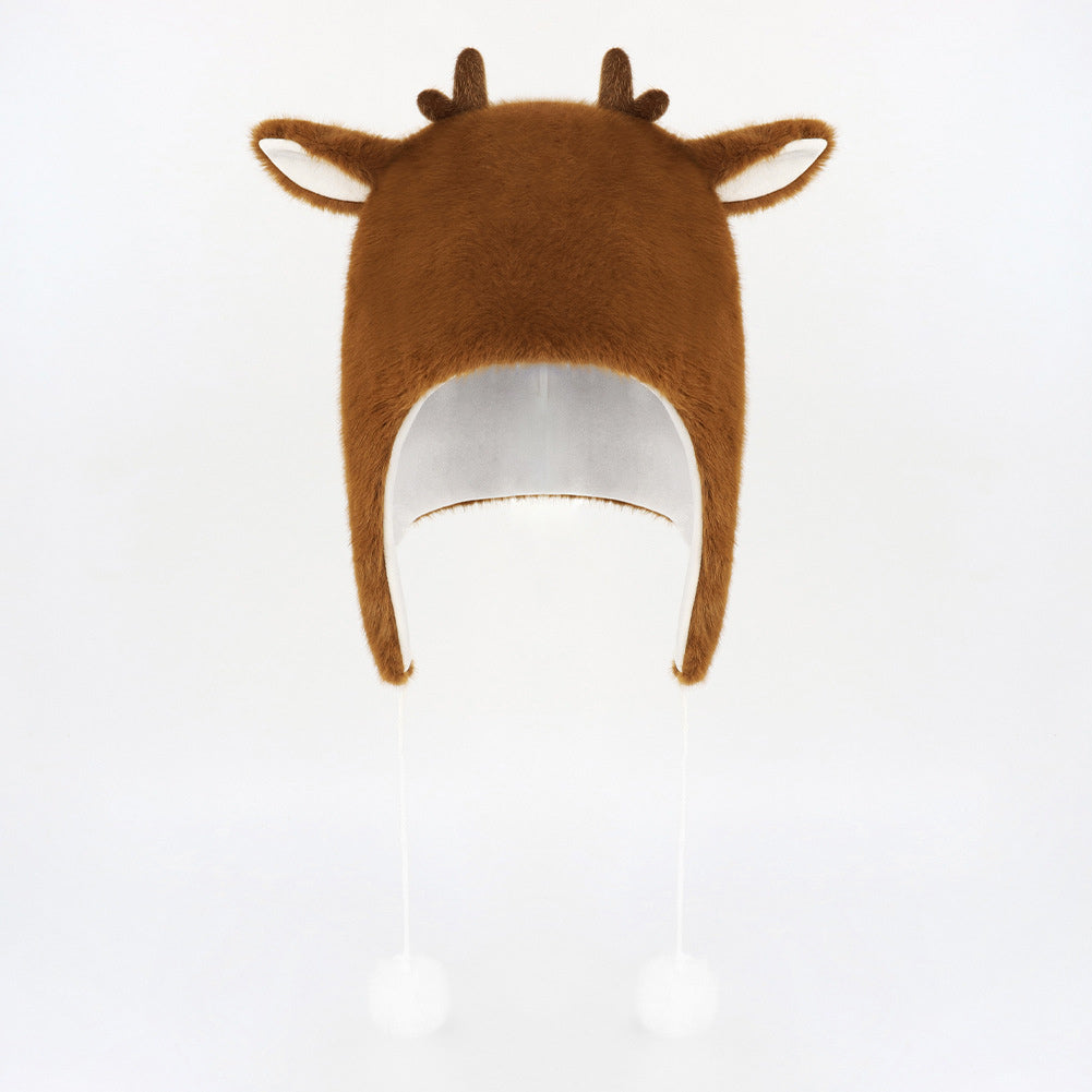 Cute Elk Deer Christmas Hat Headwear Animals Winter Warm Cozy Fluffy Plush Faux Fur Hat