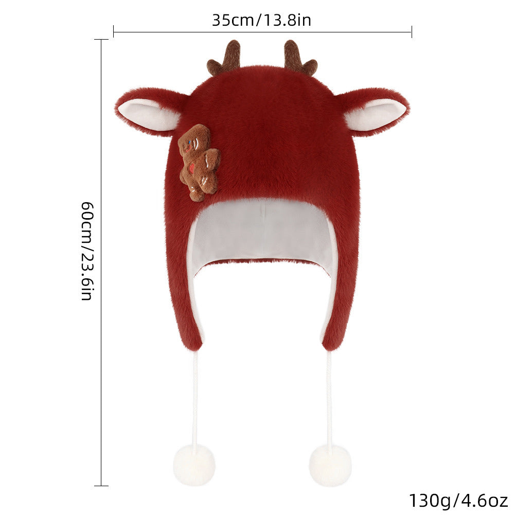 Cute Elk Deer Christmas Hat Headwear Animals Winter Warm Cozy Fluffy Plush Faux Fur Hat