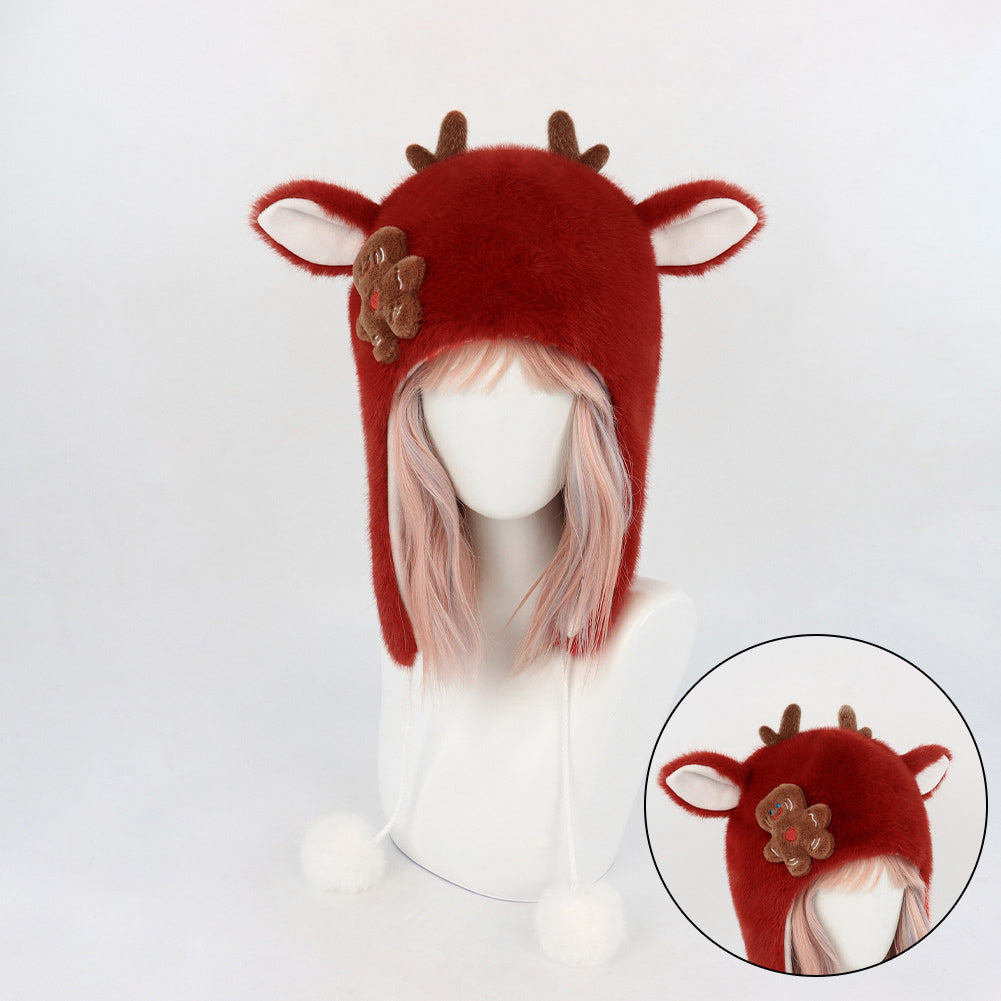 Cute Elk Deer Christmas Hat Headwear Animals Winter Warm Cozy Fluffy Plush Faux Fur Hat