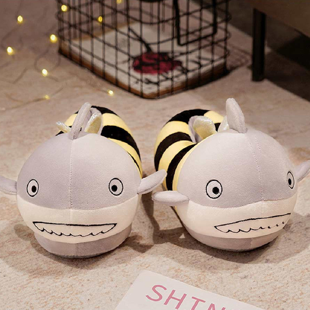 Carton Shark Bee Animals Plush Slipper Shoes For Adult Winter Warm Cozy Fluffy House Slippers Plush Shoes