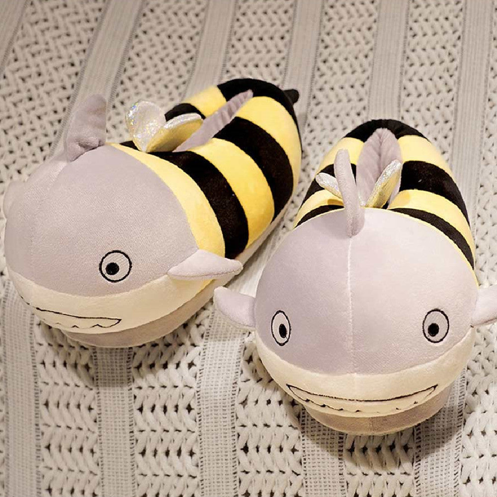 Carton Shark Bee Animals Plush Slipper Shoes For Adult Winter Warm Cozy Fluffy House Slippers Plush Shoes