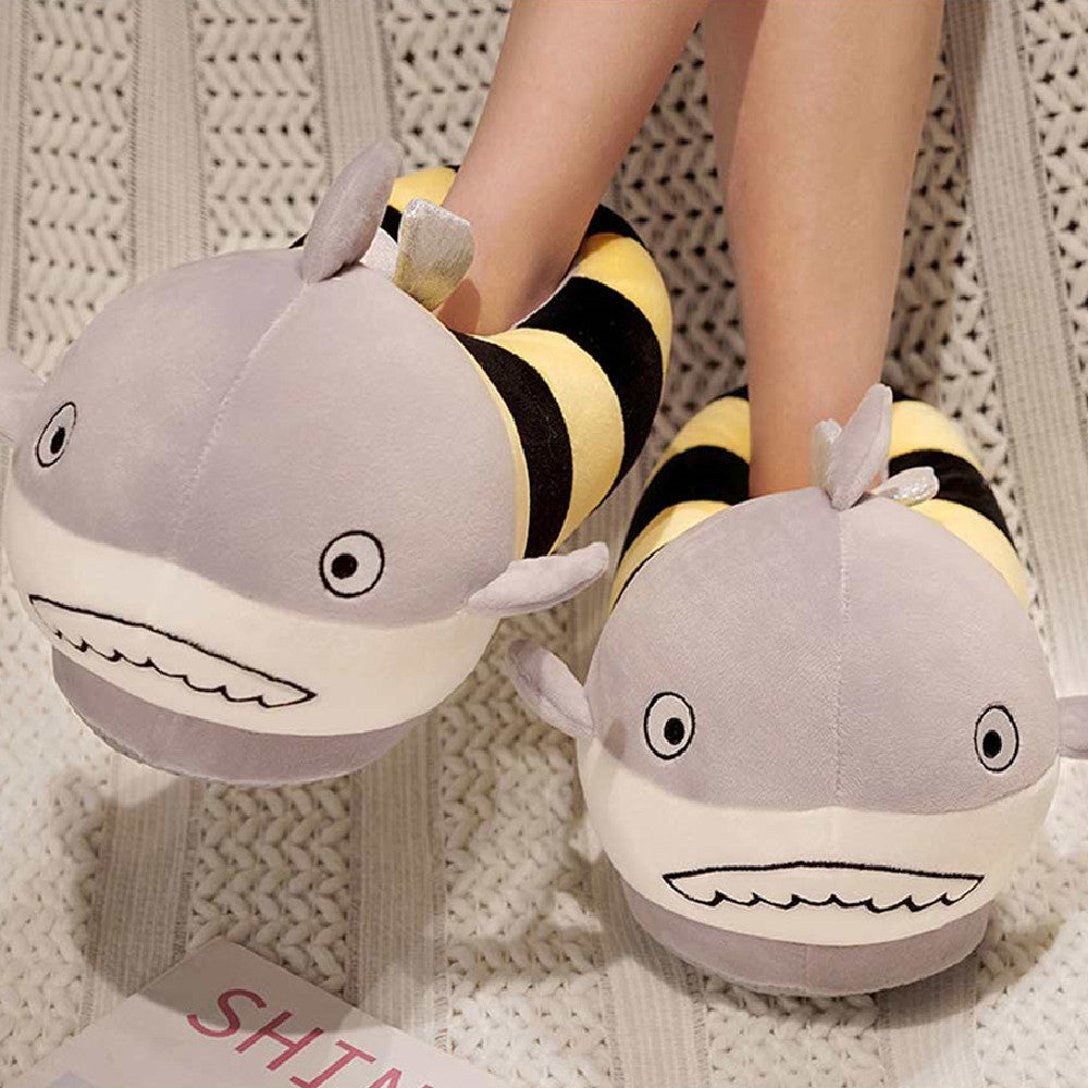 Carton Shark Bee Animals Plush Slipper Shoes For Adult Winter Warm Cozy Fluffy House Slippers Plush Shoes