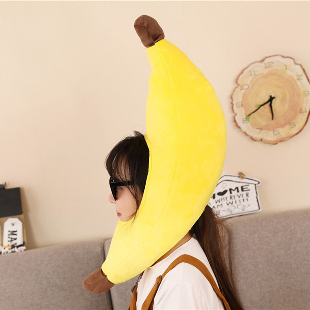 63CM Cute Banana Headgear Cartoon Decor Hat Party Headwear Stuffed Food Dessert Mascot Halloween Birthday Gift Photo Prop
