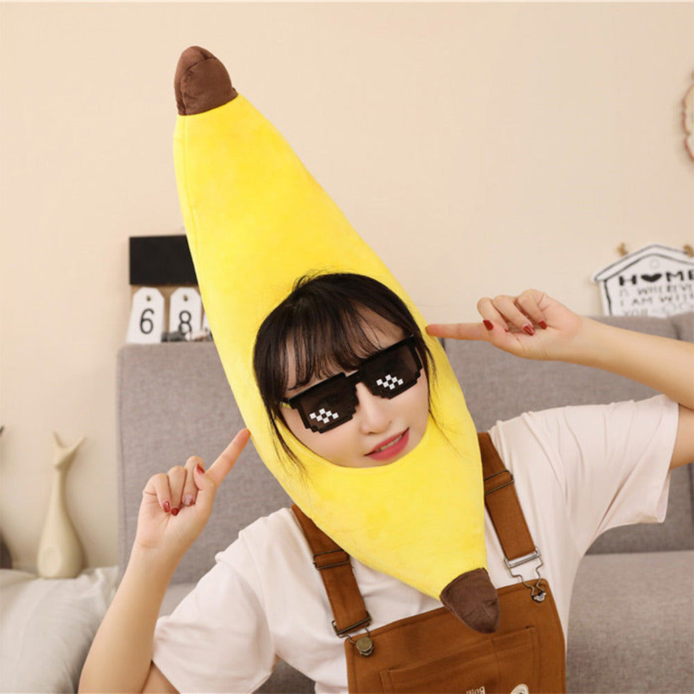 63CM Cute Banana Headgear Cartoon Decor Hat Party Headwear Stuffed Food Dessert Mascot Halloween Birthday Gift Photo Prop