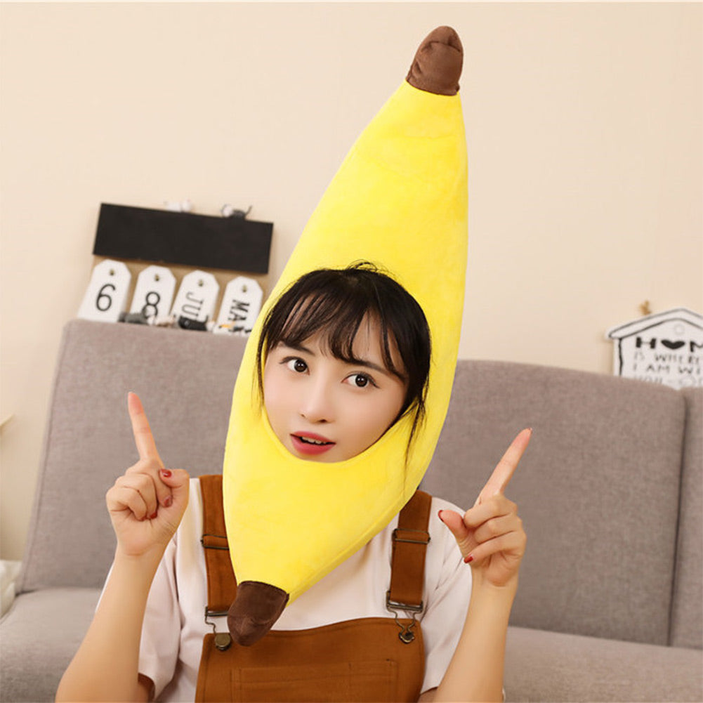 63CM Cute Banana Headgear Cartoon Decor Hat Party Headwear Stuffed Food Dessert Mascot Halloween Birthday Gift Photo Prop