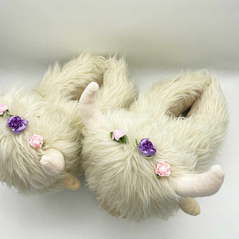 Cute Highland Cow Slippers Winter Warm Cozy Animal Fluffy House Slippers Plush Shoes For Adult