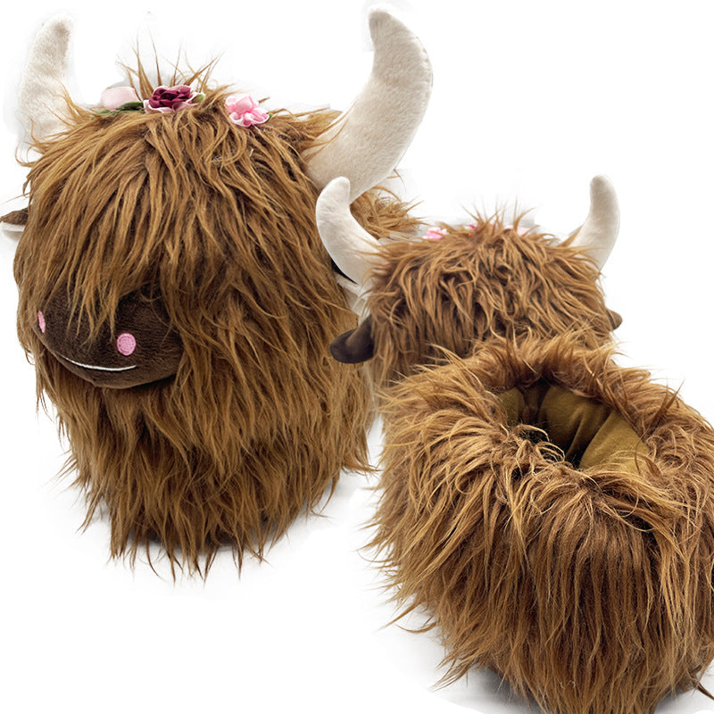 Cute Highland Cow Slippers Winter Warm Cozy Animal Fluffy House Slippers Plush Shoes For Adult