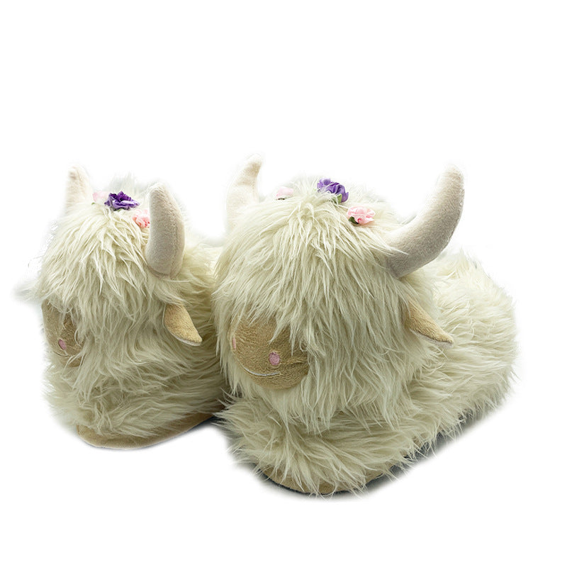 Cute Highland Cow Slippers Winter Warm Cozy Animal Fluffy House Slippers Plush Shoes For Adult