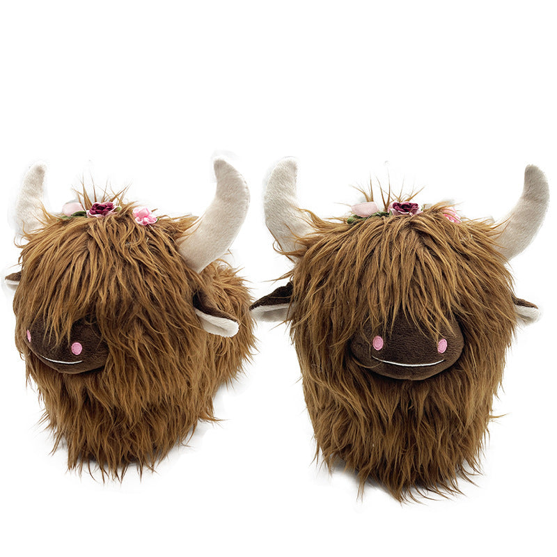 Cute Highland Cow Slippers Winter Warm Cozy Animal Fluffy House Slippers Plush Shoes For Adult