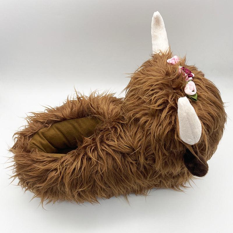 Cute Highland Cow Slippers Winter Warm Cozy Animal Fluffy House Slippers Plush Shoes For Adult
