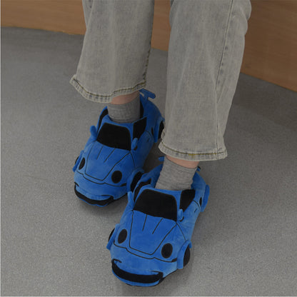 Cartoon Car Shaped Slippers White Blue Winter Warm Cozy Fluffy House Slippers Plush Shoes For Adult