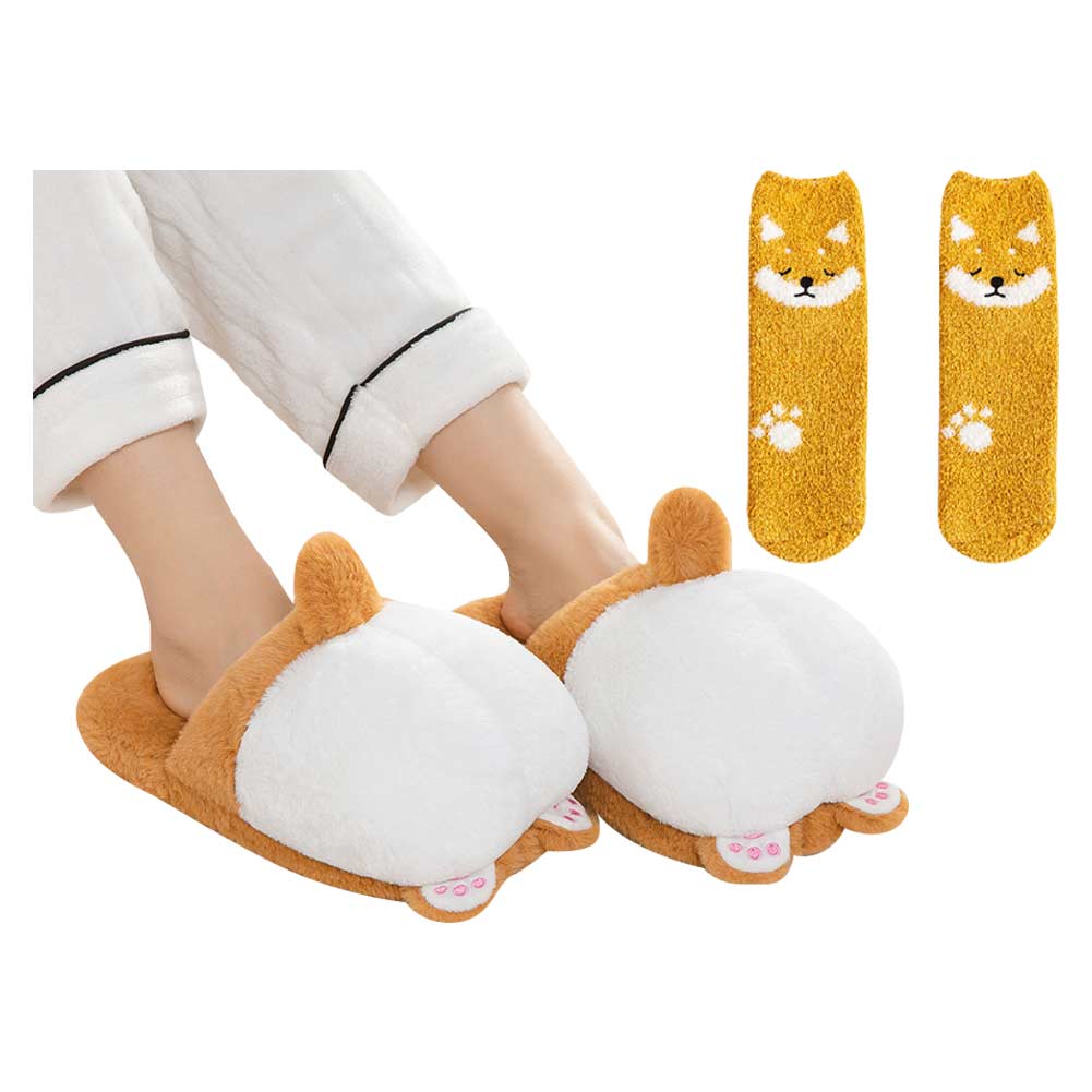 Kawaii Fuzzy Cute Dog Slippers Socks For Women Winter Warm Cozy Animals Fluffy House Slippers Plush Shoes