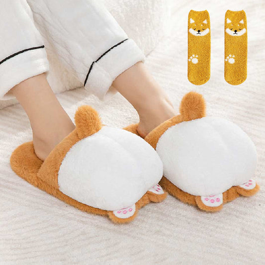 Kawaii Fuzzy Cute Dog Slippers Socks For Women Winter Warm Cozy Animals Fluffy House Slippers Plush Shoes