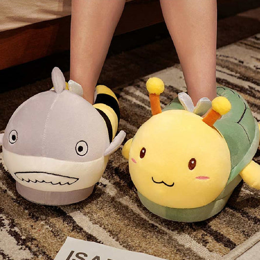 Carton Shark Bee Animals Plush Slipper Shoes For Adult Winter Warm Cozy Fluffy House Slippers Plush Shoes