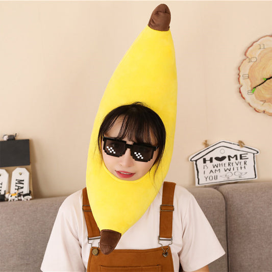 63CM Cute Banana Headgear Cartoon Decor Hat Party Headwear Stuffed Food Dessert Mascot Halloween Birthday Gift Photo Prop