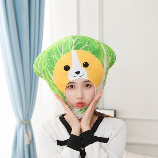 Cabbage Dog Headgear Cartoon Decor Hat Party Headwear Stuffed Food Dessert Mascot Halloween Birthday Gift Photo Prop