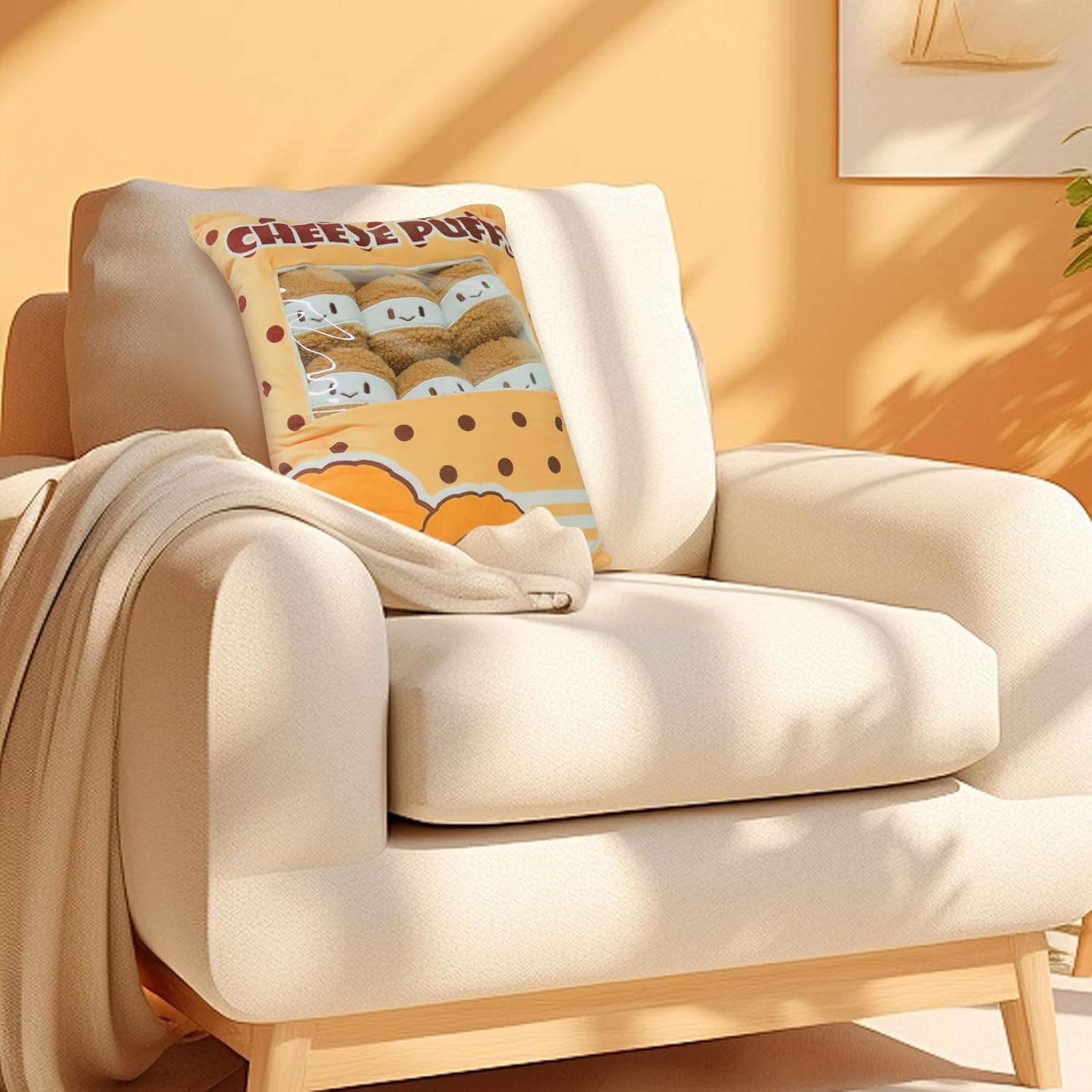 42CM Cute Throw Pillow Plush Removable Cheesy Puffs Stuffed Animal Plush Toy Food Plushie For Christmas Birthday Gifts Bed Couch Room Decor