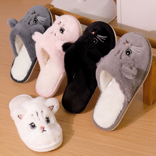 Cute Cat Slippers For Women Man Winter Warm Cozy Animal Fluffy House Slippers Plush Shoes Birthday Christmas Gift