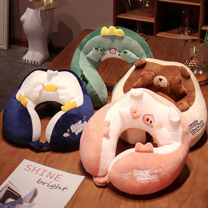 Cute Animals Neck Pillow Plush Toys Cartoon Duck Pig Bear Dinosaur Goose Soft Stuffed Animals U-Shaped Pillow Travel Cushion Birthday Xmas Gift