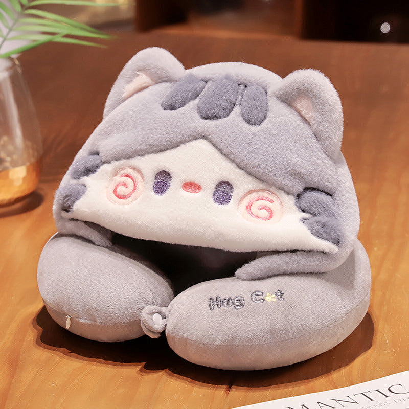 30CM Cartoon Cat Hooded Neck Pillow Soft Stuffed Animals U-Shaped Pillow Travel Cushion Birthday Xmas Gift