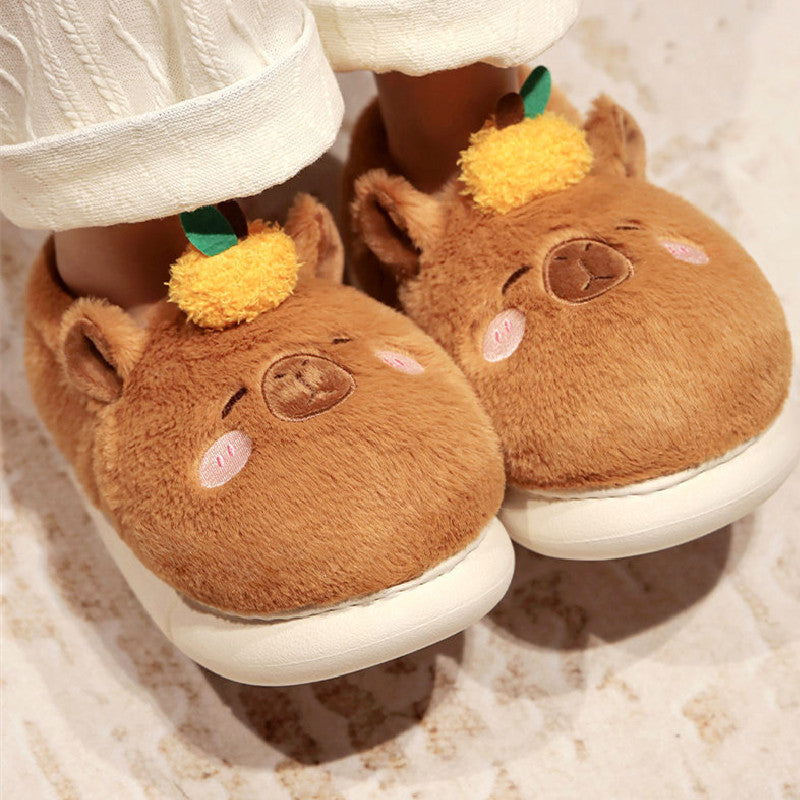 Kawaii Brown Capybara Slippers For Women Winter Warm Cozy Animal Fluffy House Slippers Plush Shoes