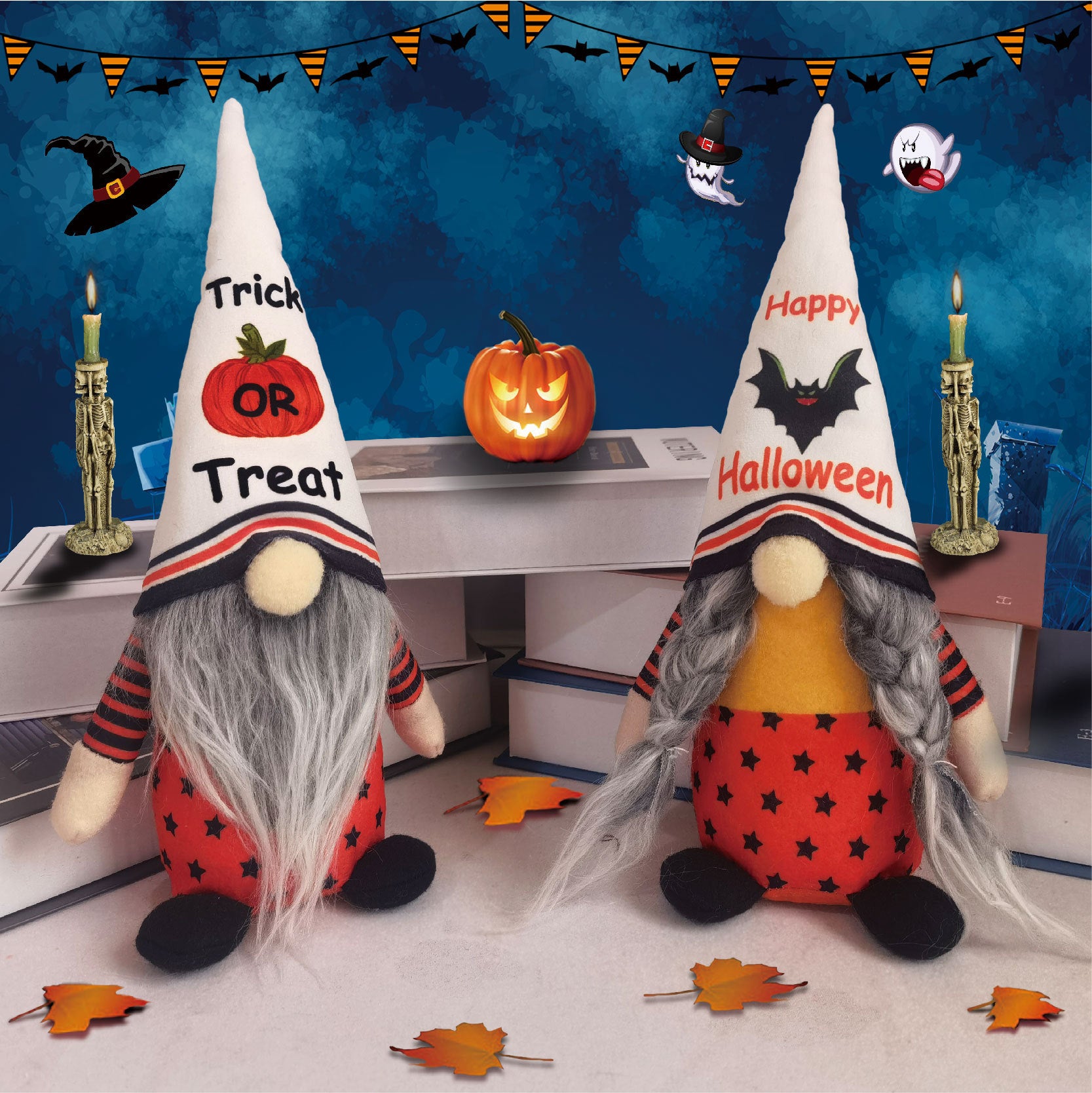 2PCS 28CM Halloween Pumpkin Bat The Gnome Figurine Dolls Toy Xmas Gifts Mascot Festival Home Decor