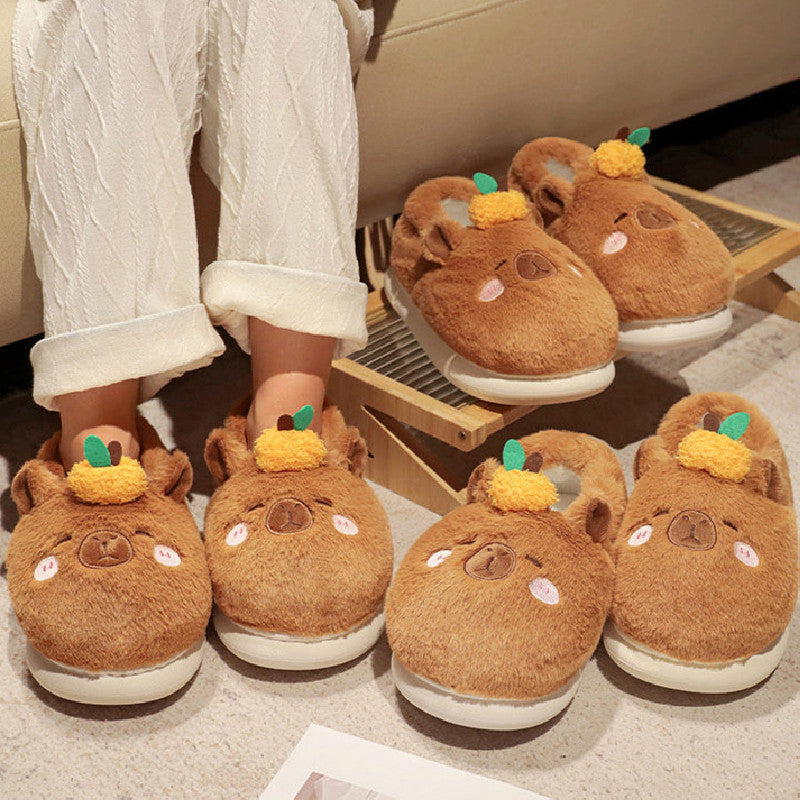 Kawaii Brown Capybara Slippers For Women Winter Warm Cozy Animal Fluffy House Slippers Plush Shoes