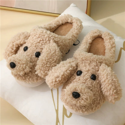 Cute Dog Slippers For Women Man Winter Warm Cozy Animal Fluffy House Slippers Plush Shoes