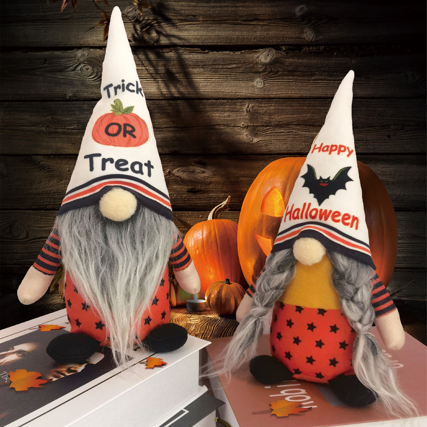 2PCS 28CM Halloween Pumpkin Bat The Gnome Figurine Dolls Toy Xmas Gifts Mascot Festival Home Decor