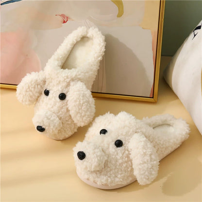 Cute Dog Slippers For Women Man Winter Warm Cozy Animal Fluffy House Slippers Plush Shoes