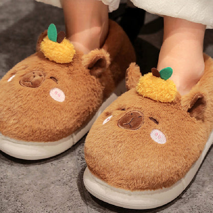 Kawaii Brown Capybara Slippers For Women Winter Warm Cozy Animal Fluffy House Slippers Plush Shoes