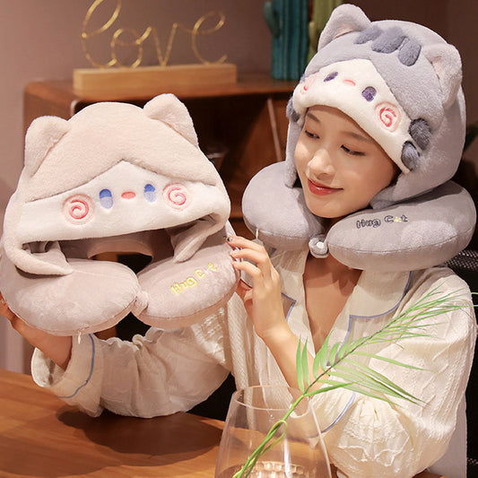 30CM Cartoon Cat Hooded Neck Pillow Soft Stuffed Animals U-Shaped Pillow Travel Cushion Birthday Xmas Gift