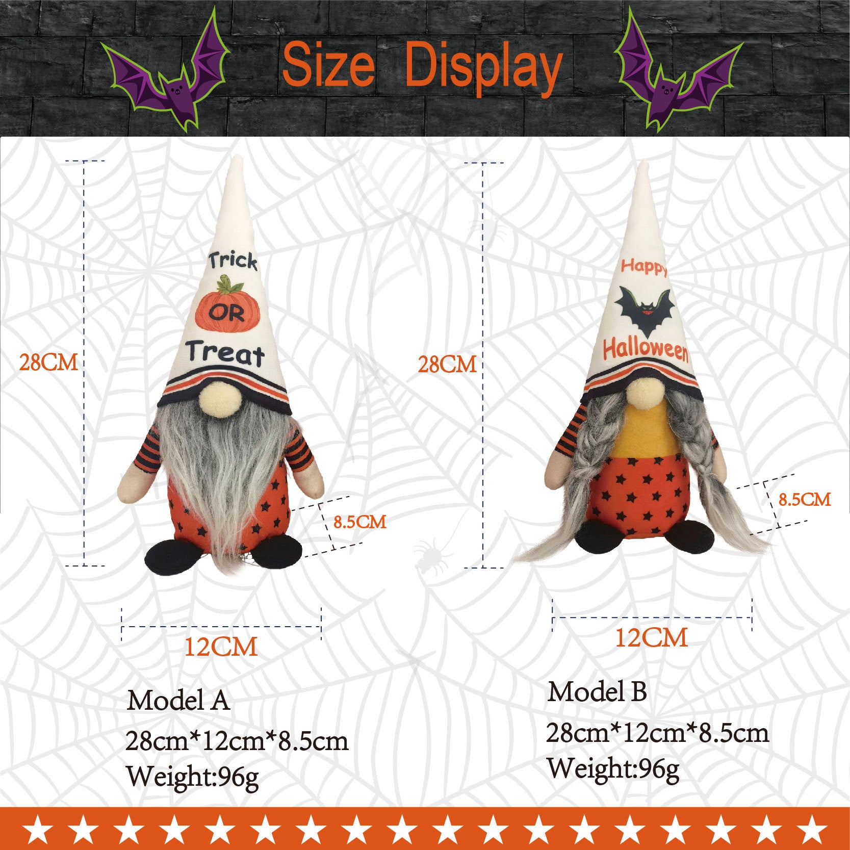 2PCS 28CM Halloween Pumpkin Bat The Gnome Figurine Dolls Toy Xmas Gifts Mascot Festival Home Decor