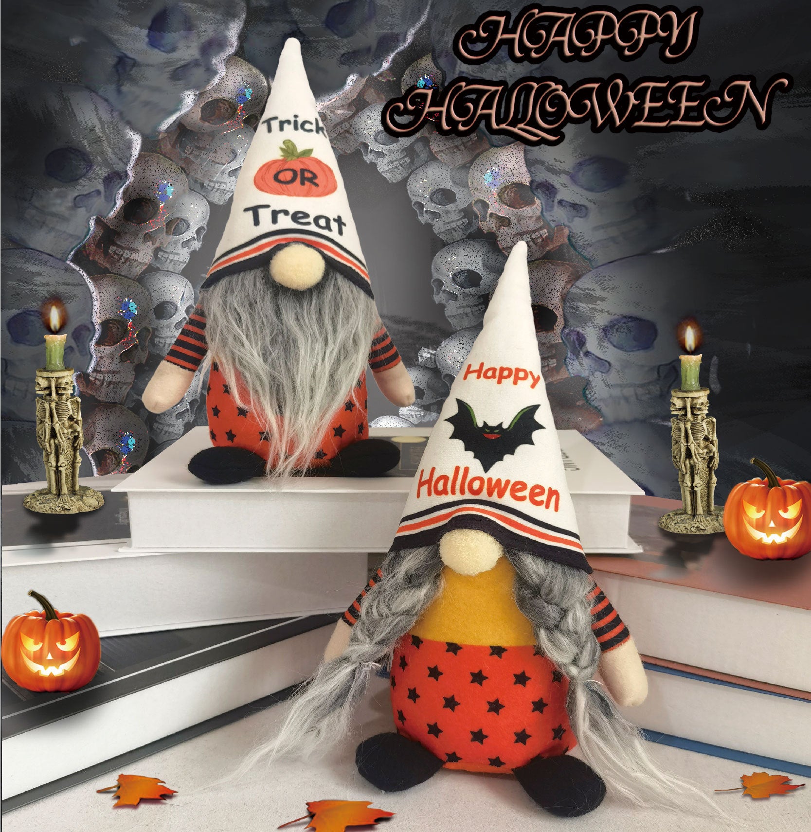 2PCS 28CM Halloween Pumpkin Bat The Gnome Figurine Dolls Toy Xmas Gifts Mascot Festival Home Decor