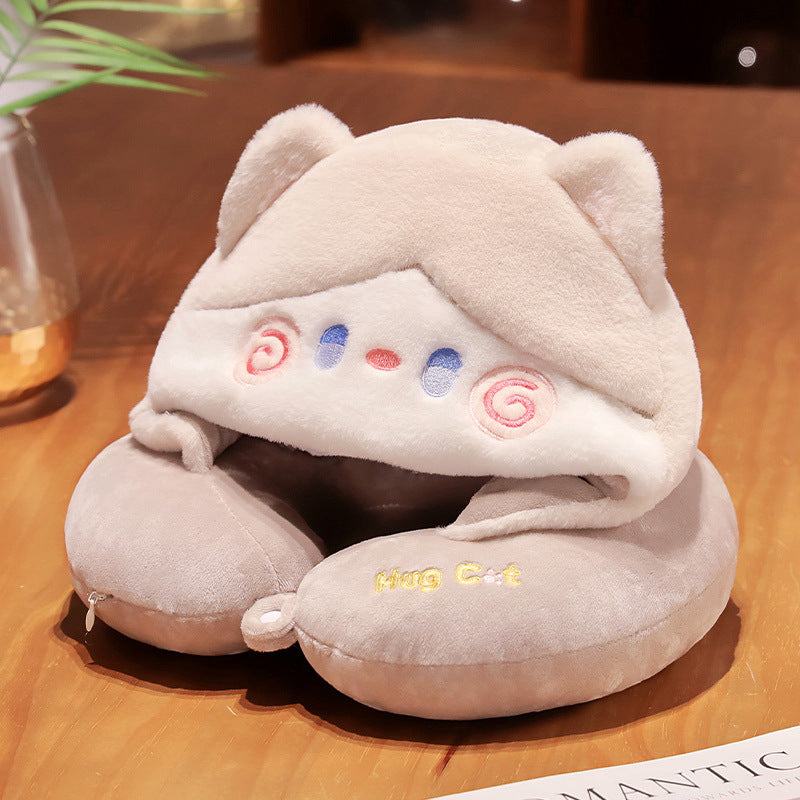 30CM Cartoon Cat Hooded Neck Pillow Soft Stuffed Animals U-Shaped Pillow Travel Cushion Birthday Xmas Gift