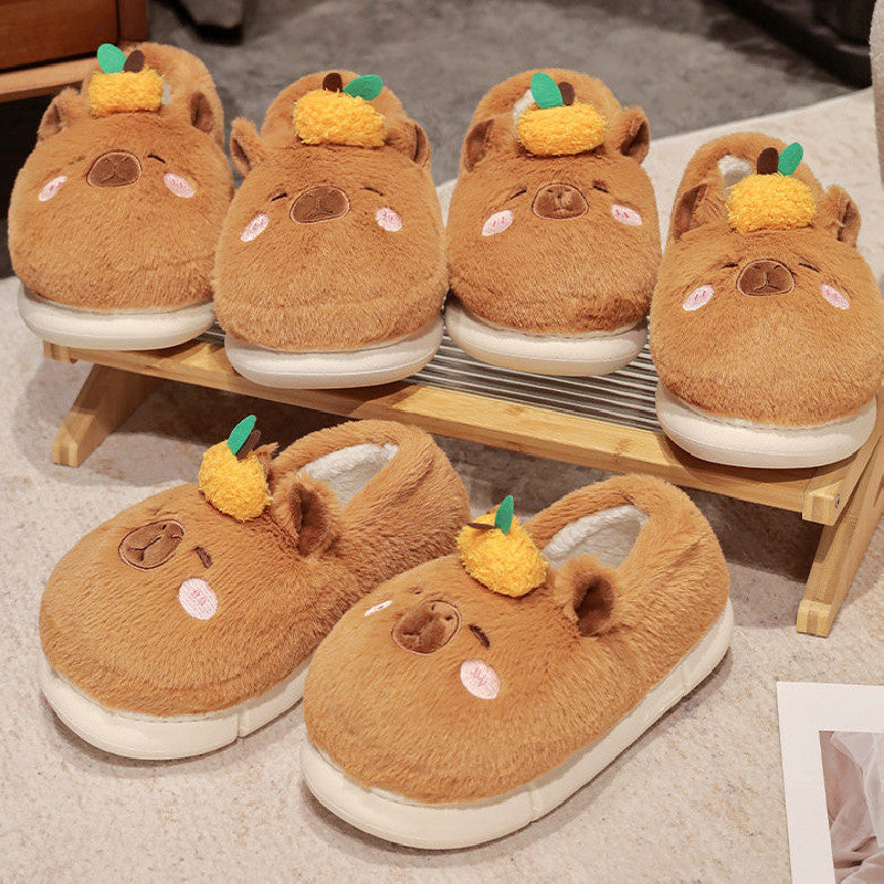 Kawaii Brown Capybara Slippers For Women Winter Warm Cozy Animal Fluffy House Slippers Plush Shoes