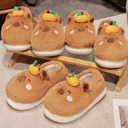 Kawaii Brown Capybara Slippers For Women Winter Warm Cozy Animal Fluffy House Slippers Plush Shoes