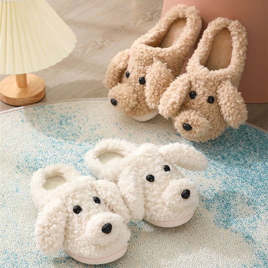 Cute Dog Slippers For Women Man Winter Warm Cozy Animal Fluffy House Slippers Plush Shoes
