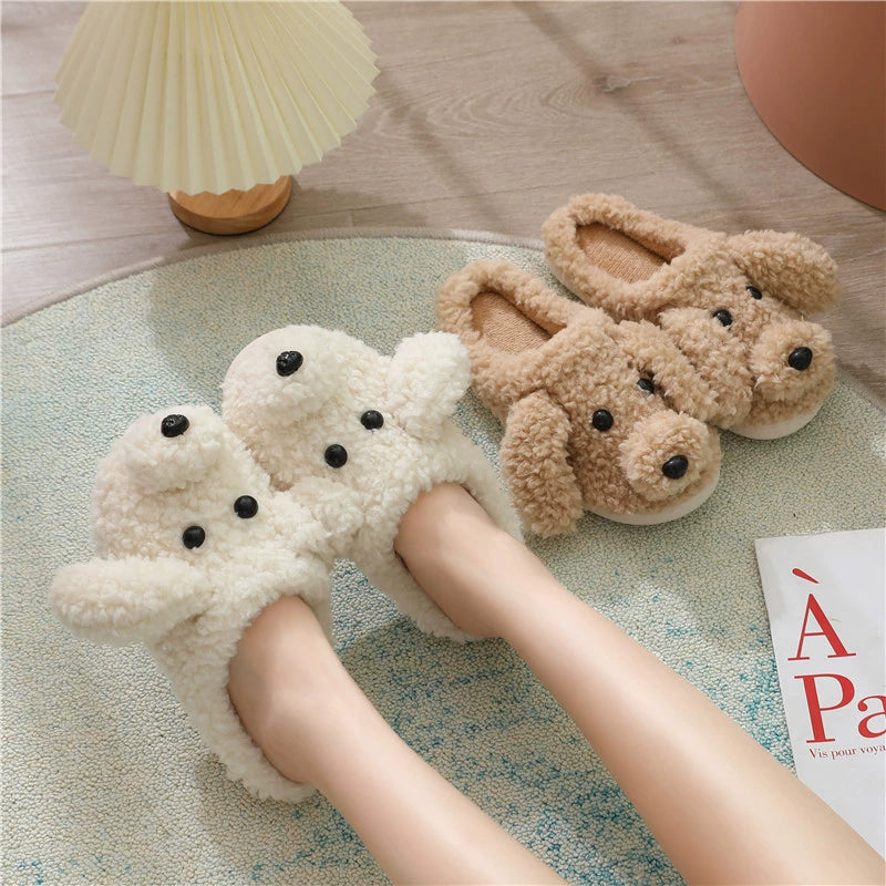 Cute Dog Slippers For Women Man Winter Warm Cozy Animal Fluffy House Slippers Plush Shoes