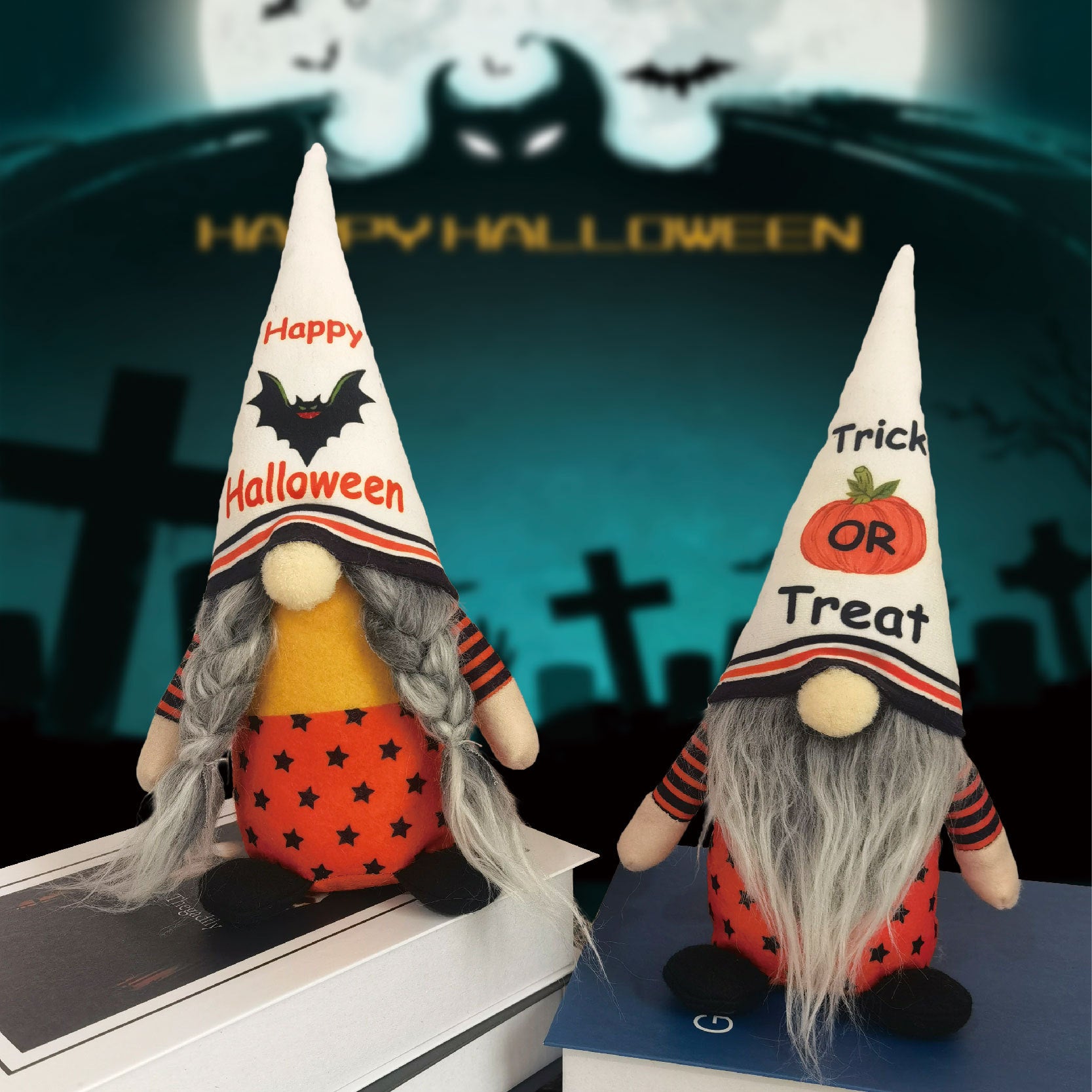 2PCS 28CM Halloween Pumpkin Bat The Gnome Figurine Dolls Toy Xmas Gifts Mascot Festival Home Decor