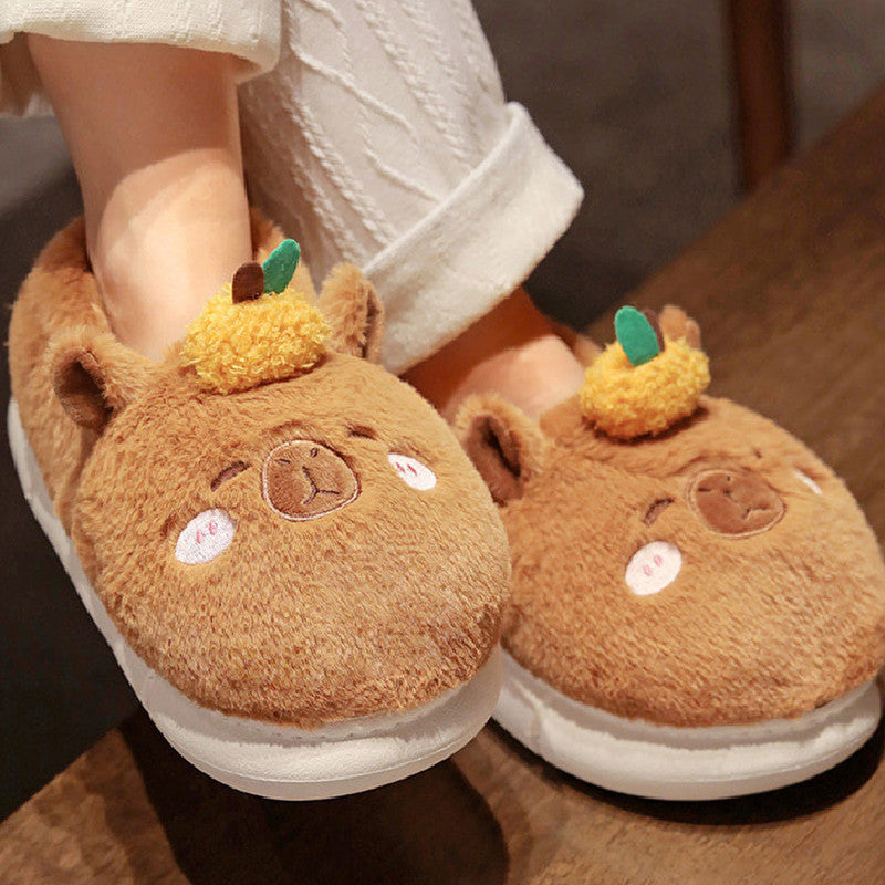 Kawaii Brown Capybara Slippers For Women Winter Warm Cozy Animal Fluffy House Slippers Plush Shoes