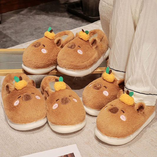 Kawaii Brown Capybara Slippers For Women Winter Warm Cozy Animal Fluffy House Slippers Plush Shoes