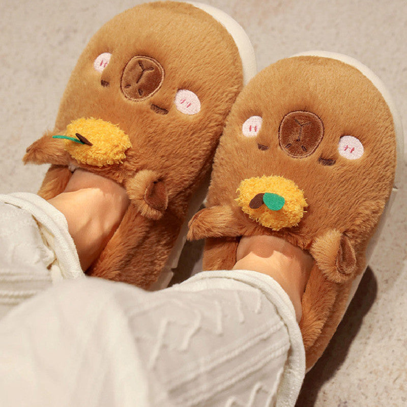 Kawaii Brown Capybara Slippers For Women Winter Warm Cozy Animal Fluffy House Slippers Plush Shoes