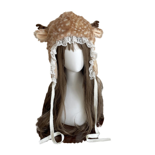 Cute Sika Dear Lace Headwear Animals Winter Warm Cozy Fluffy Plush Hat