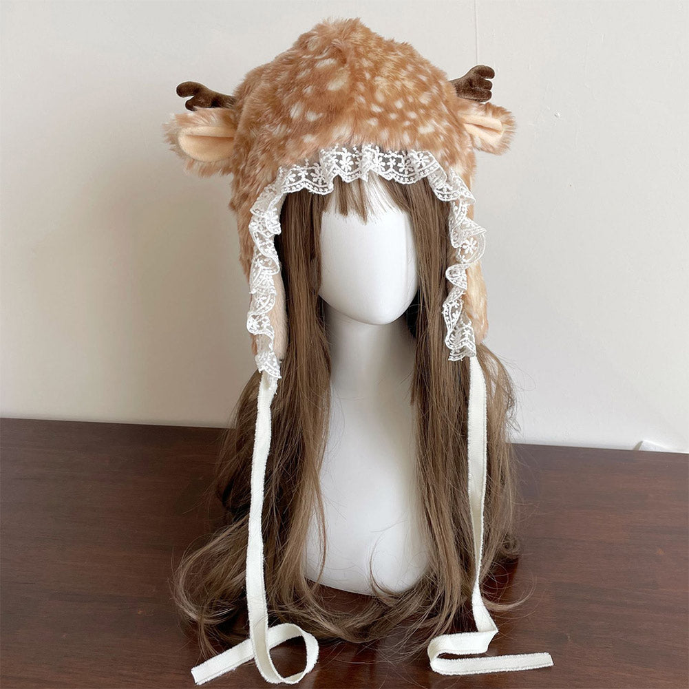 Cute Sika Dear Lace Headwear Animals Winter Warm Cozy Fluffy Plush Hat