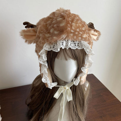 Cute Sika Dear Lace Headwear Animals Winter Warm Cozy Fluffy Plush Hat