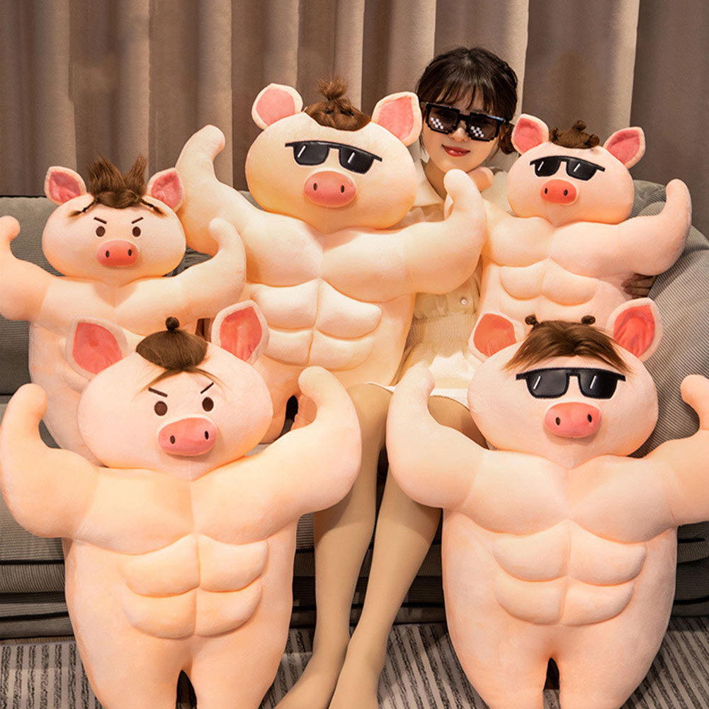 55CM Funny Sunglasses Muscle Pig Cosplay Plush Toys Cartoon Soft Stuffed Dolls Mascot Birthday Xmas Gift
